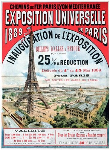Cartel para la Exposición Universal de París de 1889, en el que se aprecia que la principal atracción será la Torre Eiffel
