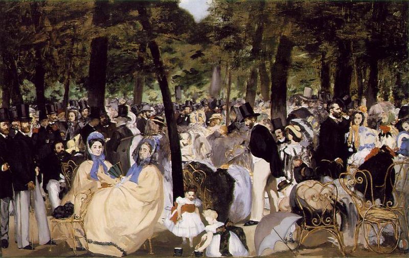 Música en las Tullerías, de Edouard Manet, 1862, óleo sobre lienzo, National Gallery de Londres. La imagen representa una escena cotidiana burguesa en una fiesta al aire libre, como es propio del estilo impresionista.