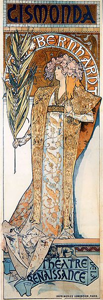 Gismonda, de Alfons Mucha, El cartel se utilizó para promocionar la ópera homónima que se representó en el Théâtre de la Renaissance de París y en él aparece la actriz principal caracterizada