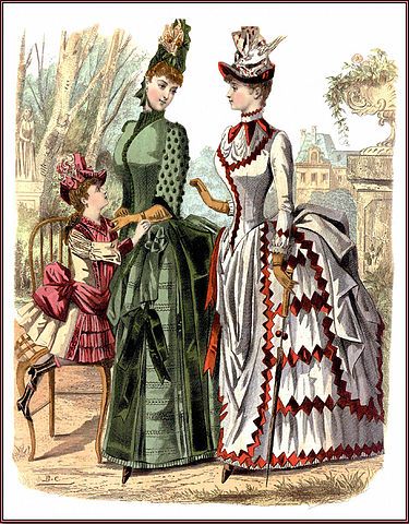Placa de moda de la década de 1880. La imagen muestra los característicos polisones de las faldas, así como la importancia de los volúmenes en la estética indumentaria de la Belle Époque