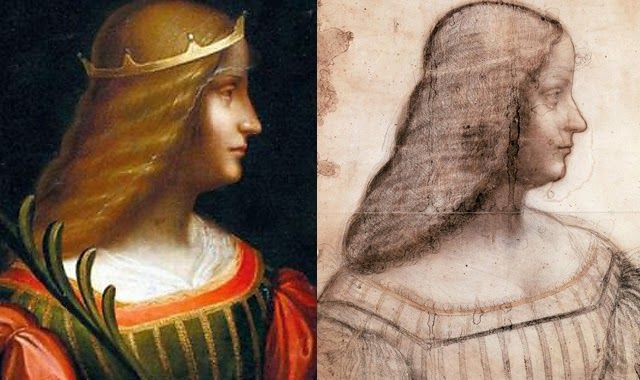 A la izquierda, retrato de Isabella D`Este, y a la derecha, su copia en carboncillo, ambos de Leonardo da Vinci