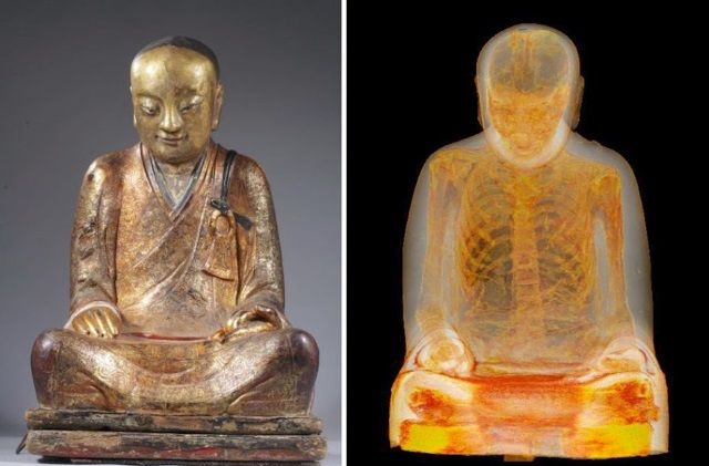Un monje momificado se encontró dentro de una estatua de Buda. Crédito: M. Elsevier Stokmans