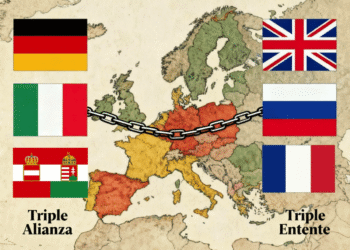 causas de la primera guerra mundial. Mapa político de Europa 1914 mostrando la Triple Alianza (Alemania, Italia, Austria-Hungría) enfrentada a la Triple Entente (Gran Bretaña, Rusia, Francia), las principales alianzas militares que confluyeron en la Primera Guerra Mundial