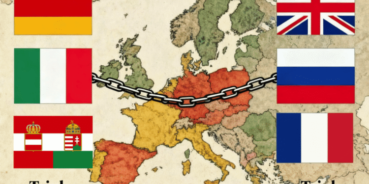 causas de la primera guerra mundial. Mapa político de Europa 1914 mostrando la Triple Alianza (Alemania, Italia, Austria-Hungría) enfrentada a la Triple Entente (Gran Bretaña, Rusia, Francia), las principales alianzas militares que confluyeron en la Primera Guerra Mundial