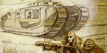 Ilustración artística representando las consecuencias de la Primera Guerra Mundial: tanque de guerra con esqueleto, documentos históricos y armas en fondo vintage