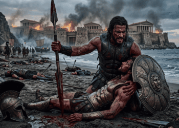 Aquiles: guerrero invencible de Troya con lanza y escudo de Gorgona, sobre cadáver caído, Troya ardiendo al fondo, símbolo de poder destructivo