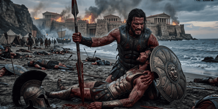Aquiles: guerrero invencible de Troya con lanza y escudo de Gorgona, sobre cadáver caído, Troya ardiendo al fondo, símbolo de poder destructivo