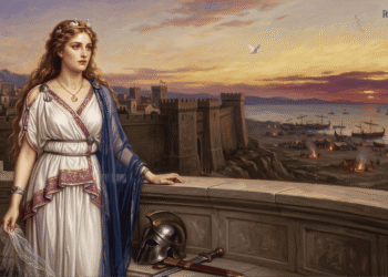 Helena: la mujer más bella de Grecia en las murallas de Troya con vestido blanco, corona divina, campamento griego abajo, símbolo de la Guerra de Troya