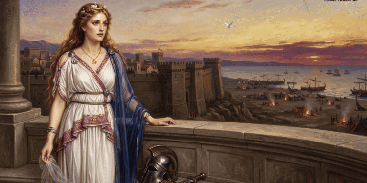 Helena: la mujer más bella de Grecia en las murallas de Troya con vestido blanco, corona divina, campamento griego abajo, símbolo de la Guerra de Troya