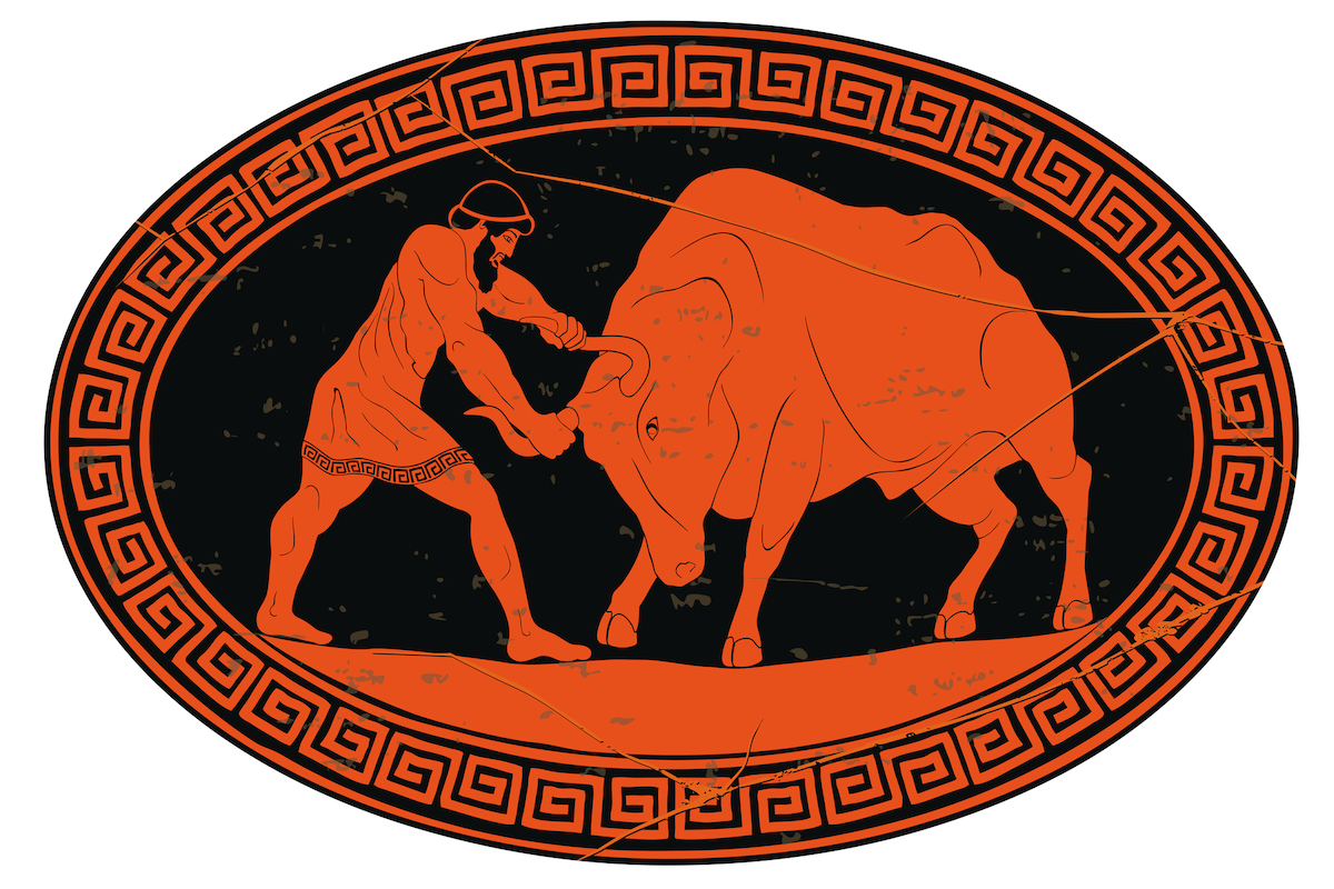 Hércules capturando el Toro de Creta enviado por Poseidón, representado en arte griego clásico de cerámica
