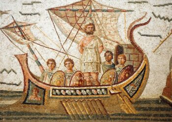 Naves griegas antiguas en mosaico romano, representando la aventura de Odiseo durante su viaje de regreso a Ítaca.