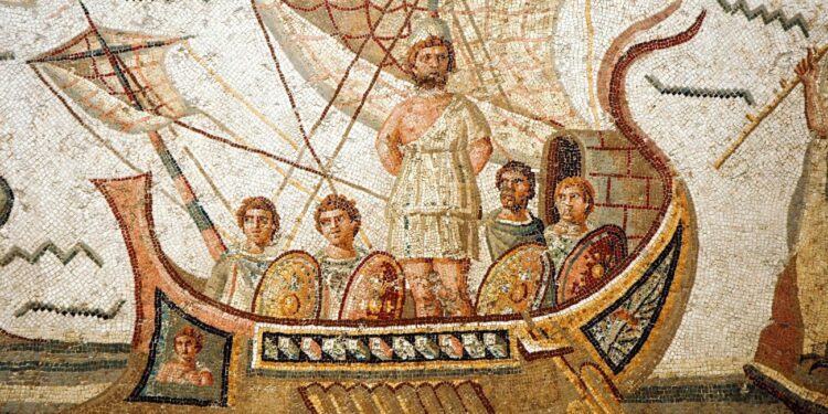Naves griegas antiguas en mosaico romano, representando la aventura de Odiseo durante su viaje de regreso a Ítaca.