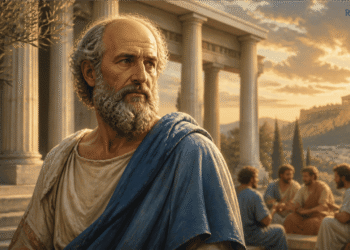 Ilustración de Platón en la Academia de Atenas, rodeado de estudiantes y columnas clásicas, contemplando el mundo de las formas eternas, con Atenas y el Ática de fondo.
