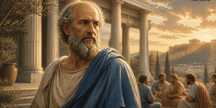 Ilustración de Platón en la Academia de Atenas, rodeado de estudiantes y columnas clásicas, contemplando el mundo de las formas eternas, con Atenas y el Ática de fondo.