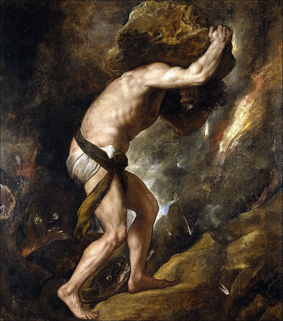sisifo empujando la piedra. Cuadro de tiziano en el museo del prado.