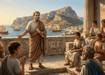 Ilustración de Aristóteles enseñando a estudiantes en el Liceo de Atenas, rodeado de discípulos con pergaminos, en un pórtico clásico con vista al puerto, simbolizando su método peripatético y su sistema de clasificación del conocimiento.