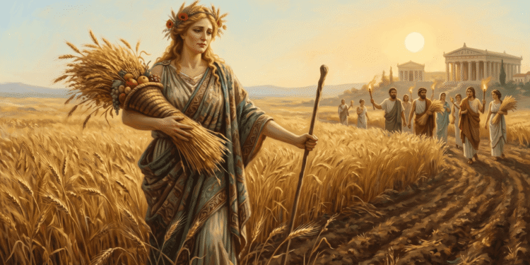 Deméter en su campo de trigo, diosa de la agricultura y los ciclos vitales que sostienen la civilización.