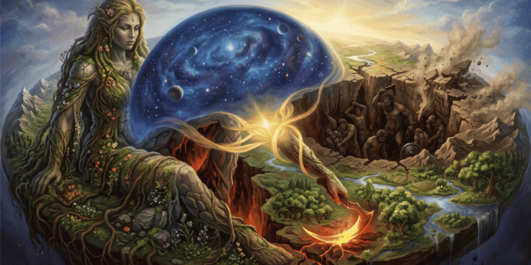 Gaia (Gea), la diosa tierra primordial, representada como una mujer de larga cabellera verde integrada con flores y vegetación. Su cuerpo está compuesto por tierra, montañas y paisajes naturales. Detrás de ella, una esfera cósmica representa su cuerpo como planeta vivo. En el interior de la tierra se ven los Titanes encarcelados dentro de su cuerpo. El fuego del interior terrestre brilla, y en el horizonte se extienden bosques, ríos y la naturaleza próspera que ella sustenta. El contraste entre su belleza serena y el sufrimiento del encarcelamiento define su dualidad.