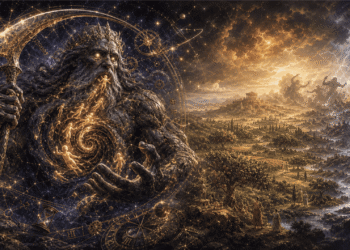Cronos, el titán supremo de la mitología griega, representado como una figura anciana con barba larga y corona, sosteniendo una hoz de acero. Está rodeado de símbolos zodiacales y celestiales que representan su dominio sobre el tiempo cósmico. Al fondo, la Edad de Oro muestra un paisaje idílico de paz y abundancia, mientras que en la parte superior derecha la Titanomaquia representa la guerra cósmica que lo derrotó.