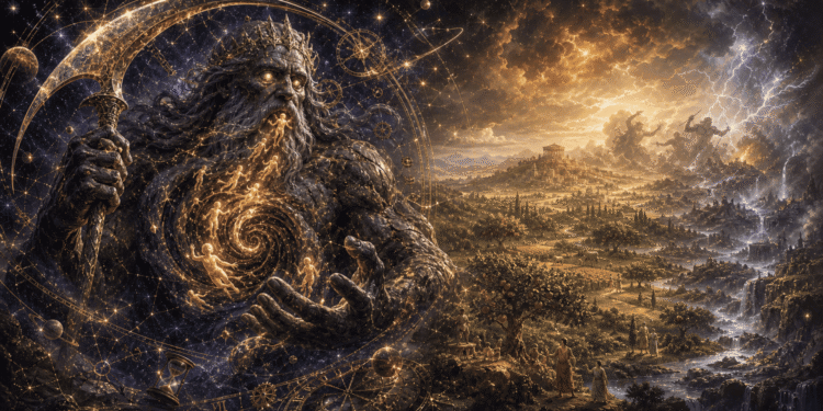 Cronos, el titán supremo de la mitología griega, representado como una figura anciana con barba larga y corona, sosteniendo una hoz de acero. Está rodeado de símbolos zodiacales y celestiales que representan su dominio sobre el tiempo cósmico. Al fondo, la Edad de Oro muestra un paisaje idílico de paz y abundancia, mientras que en la parte superior derecha la Titanomaquia representa la guerra cósmica que lo derrotó.