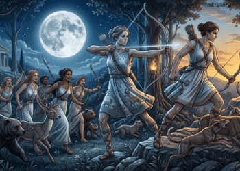 Artemisa: diosa cazadora de la luna con arco de plata, rodeada de ninfas y animales salvajes. Independencia femenina divina bajo la luna llena