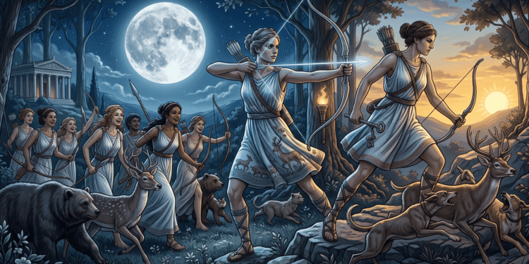 Artemisa: diosa cazadora de la luna con arco de plata, rodeada de ninfas y animales salvajes. Independencia femenina divina bajo la luna llena