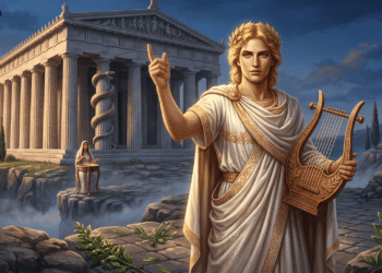 Apolo: dios del sol, la profecía y la música. Con su lira de oro, corona de laurel y vara de Asclepio, ante el templo de Delfos