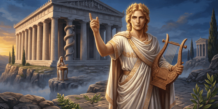 Apolo: dios del sol, la profecía y la música. Con su lira de oro, corona de laurel y vara de Asclepio, ante el templo de Delfos