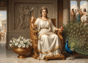Hera en su trono, reina del Olimpo, rodeada de su pavo real y símbolos de poder matrimonial.