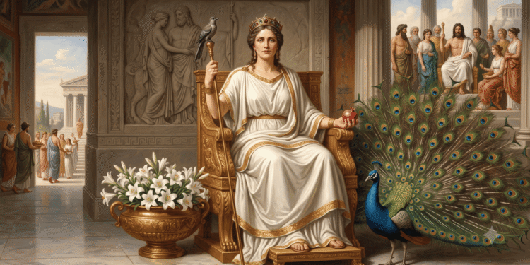 Hera en su trono, reina del Olimpo, rodeada de su pavo real y símbolos de poder matrimonial.