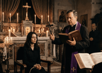Sacerdote con estola morada realizando un exorcismo según el Rituale Romanum, sosteniendo un crucifijo y el libro ritual, ante una mujer sentada, en una iglesia barroca iluminada con velas