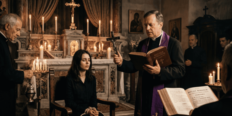Sacerdote con estola morada realizando un exorcismo según el Rituale Romanum, sosteniendo un crucifijo y el libro ritual, ante una mujer sentada, en una iglesia barroca iluminada con velas