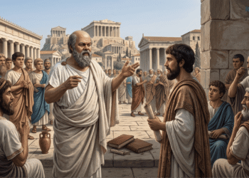 Ilustración de Sócrates en el ágora de Atenas rodeado de ciudadanos y estudiantes, en el acto de conversar y cuestionar mediante el método socrático, con el Partenón y la Acrópolis de fondo, libros a sus pies.