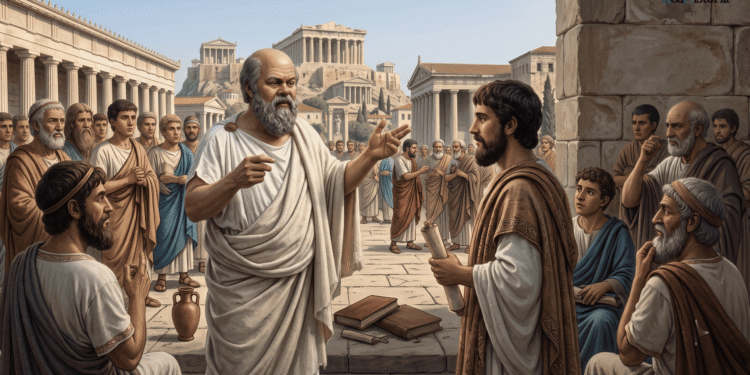 Ilustración de Sócrates en el ágora de Atenas rodeado de ciudadanos y estudiantes, en el acto de conversar y cuestionar mediante el método socrático, con el Partenón y la Acrópolis de fondo, libros a sus pies.