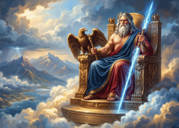 Zeus, el rey del Olimpo, sentado en su trono dorado en el Monte Olimpo, rodeado de nubes blancas. Lleva una túnica azul y roja, corona de laurel dorado, y barba blanca majestuosa. En su mano derecha sostiene un rayo azul resplandeciente. A su lado, un águila dorada de oro representa su poder supremo. El trono está decorado con motivos griegos elaborados. Bajo sus pies, las montañas del mundo mortal se extienden hacia el horizonte lejano. Relámpagos iluminan el cielo nublado. La atmósfera comunica autoridad absoluta, majestad divina y dominio cósmico.