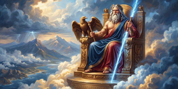 Zeus, el rey del Olimpo, sentado en su trono dorado en el Monte Olimpo, rodeado de nubes blancas. Lleva una túnica azul y roja, corona de laurel dorado, y barba blanca majestuosa. En su mano derecha sostiene un rayo azul resplandeciente. A su lado, un águila dorada de oro representa su poder supremo. El trono está decorado con motivos griegos elaborados. Bajo sus pies, las montañas del mundo mortal se extienden hacia el horizonte lejano. Relámpagos iluminan el cielo nublado. La atmósfera comunica autoridad absoluta, majestad divina y dominio cósmico.