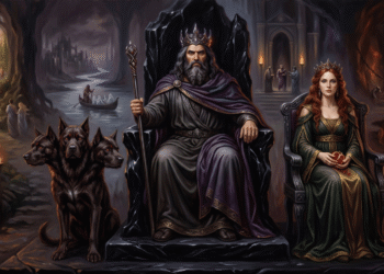 Hades en su trono del inframundo con Perséfone como reina del reino de los muertos. Cerbero, el perro de tres cabezas, custodia la entrada. A los lados, los Campos Elíseos para los virtuosos y el Tártaro para los condenados. El inframundo bajo su justicia absoluta.