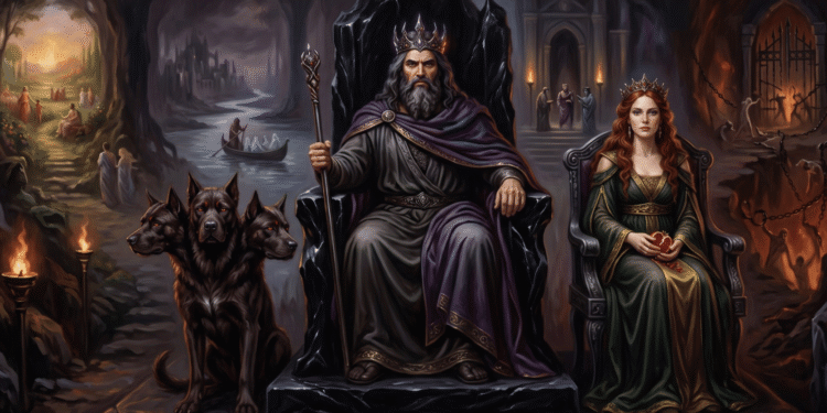 Hades en su trono del inframundo con Perséfone como reina del reino de los muertos. Cerbero, el perro de tres cabezas, custodia la entrada. A los lados, los Campos Elíseos para los virtuosos y el Tártaro para los condenados. El inframundo bajo su justicia absoluta.