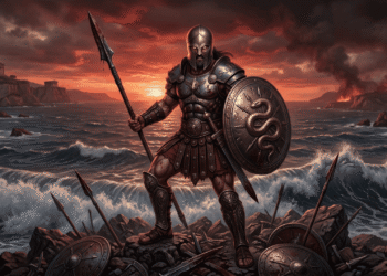 Ares, dios de la guerra brutal, armado con lanza y escudo, rodeado del caos de la batalla.