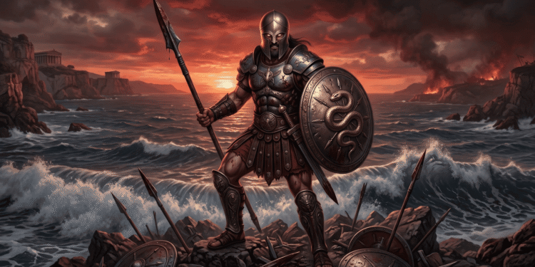 Ares, dios de la guerra brutal, armado con lanza y escudo, rodeado del caos de la batalla.