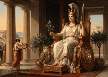 Atenea: diosa de la sabiduría en su trono dentro del Partenón, con lanza, égida y lechuza sagrada, protegiendo Atenas