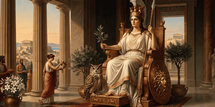 Atenea: diosa de la sabiduría en su trono dentro del Partenón, con lanza, égida y lechuza sagrada, protegiendo Atenas