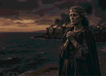 Hécuba, reina de Troya envejecida contemplando Troya ardiendo en el horizonte, símbolo del sufrimiento materno tras la caída de la ciudad