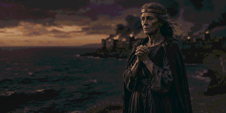 Hécuba, reina de Troya envejecida contemplando Troya ardiendo en el horizonte, símbolo del sufrimiento materno tras la caída de la ciudad