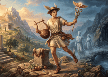 Hermes: dios mensajero con caduceo y lira, guía de almas entre Olimpo y tierra, patrón del comercio y mediador de los espacios intermedios