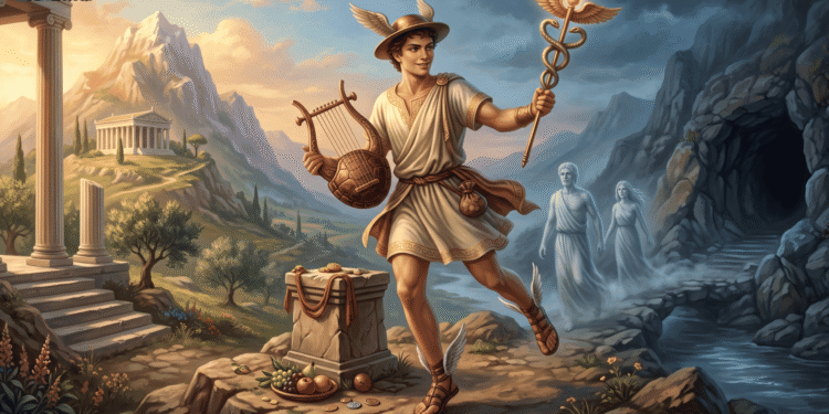 Hermes: dios mensajero con caduceo y lira, guía de almas entre Olimpo y tierra, patrón del comercio y mediador de los espacios intermedios