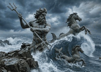Poseidón, dios del mar, de pie en las rocas costeras sosteniendo su tridente. Tiene barba larga y muscular, con expresión temperamental. A su alrededor, caballos emergen de las olas blancas de espuma. El cielo está oscuro y tormentoso con nubes de tormenta. Las olas golpean las rocas con violencia. En el fondo distante, un pequeño barco griego se ve luchando contra el océano. La atmósfera comunica poder marino absoluto, temperamento volátil y dominio total sobre los océanos y las tormentas.