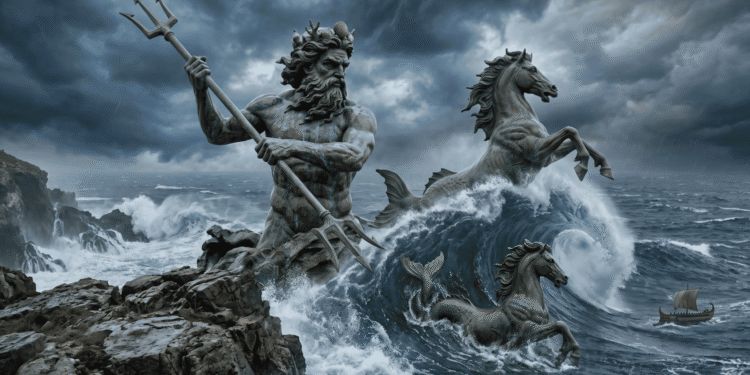 Poseidón, dios del mar, de pie en las rocas costeras sosteniendo su tridente. Tiene barba larga y muscular, con expresión temperamental. A su alrededor, caballos emergen de las olas blancas de espuma. El cielo está oscuro y tormentoso con nubes de tormenta. Las olas golpean las rocas con violencia. En el fondo distante, un pequeño barco griego se ve luchando contra el océano. La atmósfera comunica poder marino absoluto, temperamento volátil y dominio total sobre los océanos y las tormentas.