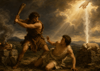 Caín y Abel: Caín atacando a Abel con una maza mientras la mano de Dios ilumina la ofrenda del cordero aceptada, primer fratricidio del Génesis.