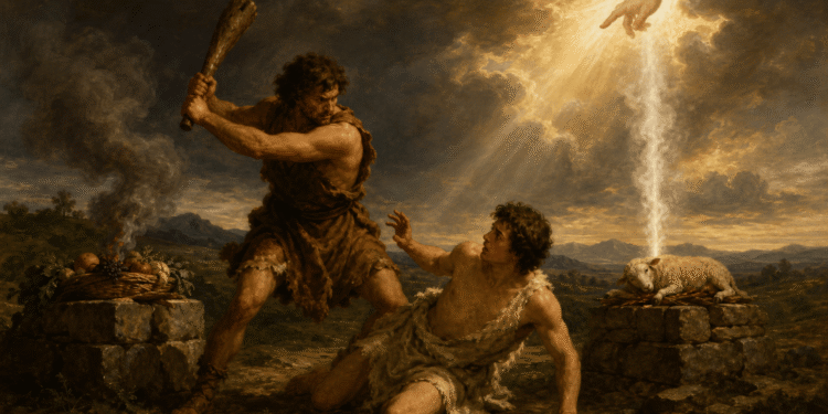 Caín y Abel: Caín atacando a Abel con una maza mientras la mano de Dios ilumina la ofrenda del cordero aceptada, primer fratricidio del Génesis.